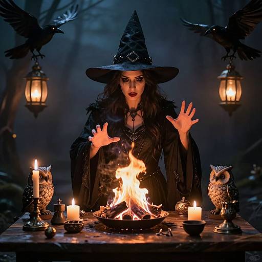 Photograph of a dark-haired witch with a pointed hat, black dress, and glowing eyes, casting a spell over a fire, surrounded by candles,