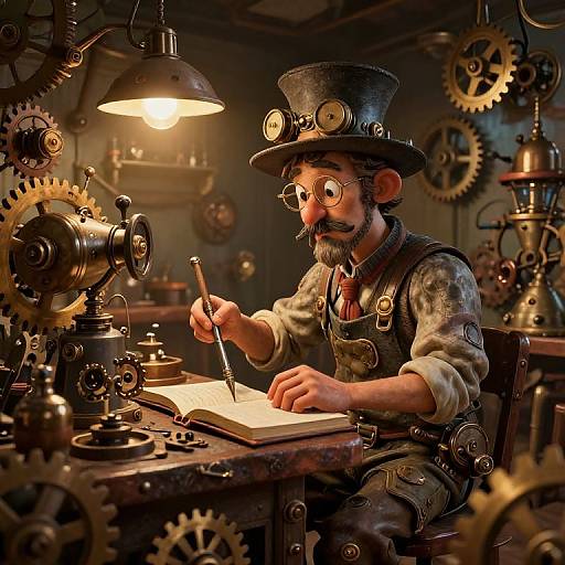 Steampunk illustration: bearded man in top hat and goggles, writing in an open book, surrounded by gears and machinery in a dimly lit