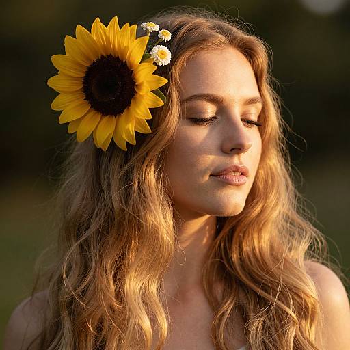 Photograph of a serene, blonde woman with wavy hair, a large sunflower in her hair, and daisies, bathed in golden