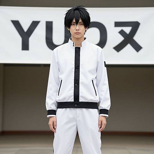 Digital anime-style drawing of a young man with black hair, wearing a white and black jacket with pants, standing in front of a white sign with large