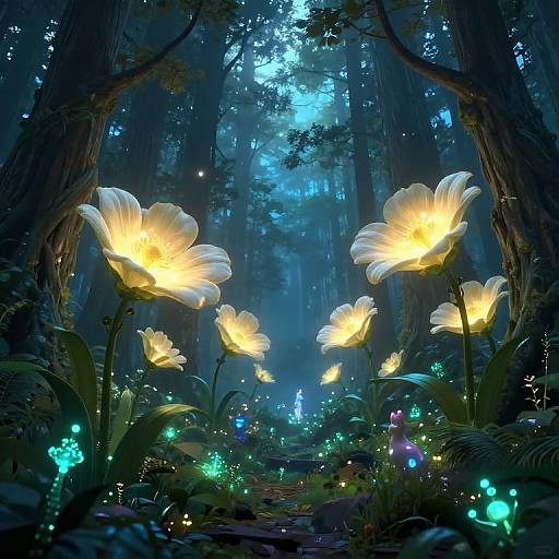 Enchanted forest scene with glowing white flowers, bioluminescent plants, and ethereal blue and green lights, illuminated by moonlight. Digital