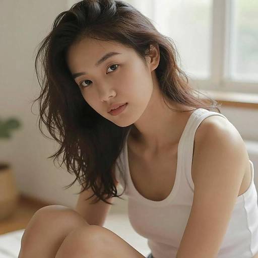 Photograph of an attractive, young Asian woman with long, dark hair, wearing a white tank top, sitting indoors, softly lit by natural light from