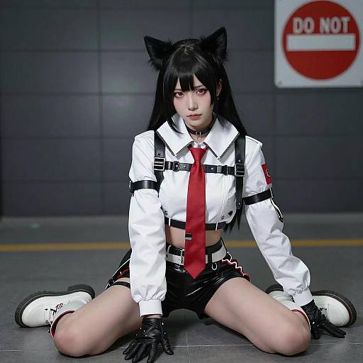 Photograph of a pale-skinned woman with black cat ears, long black hair, and red tie, sitting on the floor in a dark room wearing