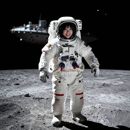 Photograph of a smiling child in a white astronaut suit standing on a lunar surface, with a spaceship in the black night sky background.