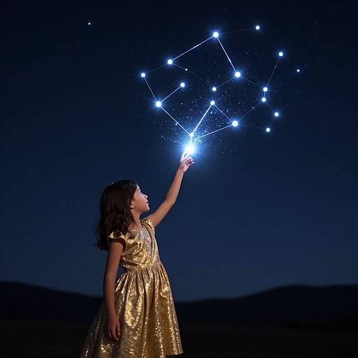 Photograph of a young girl in a golden dress, holding a glowing wand, creating a constellation of stars in a dark night sky.