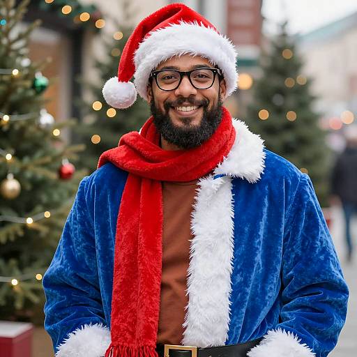 Festive Man in Blue Santa Costume