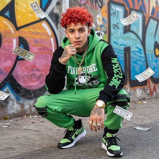 Photograph of a young man with red curly hair, green hoodie and pants, black sleeves, sneakers, squatting on graffiti-covered wall, surrounded by