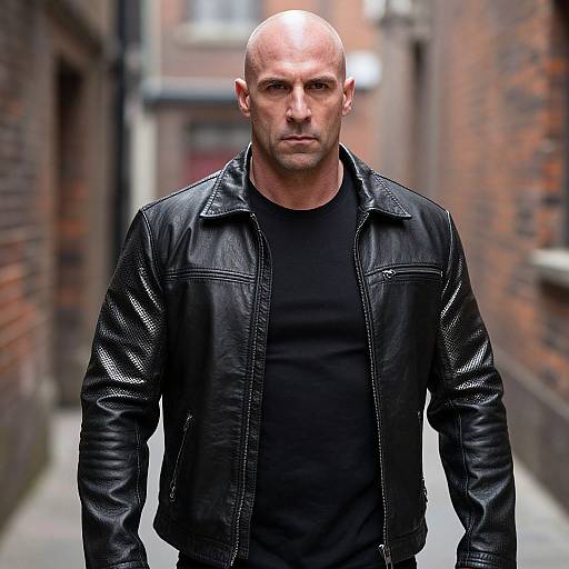 Bald Muscular Man in Leather Jacket
