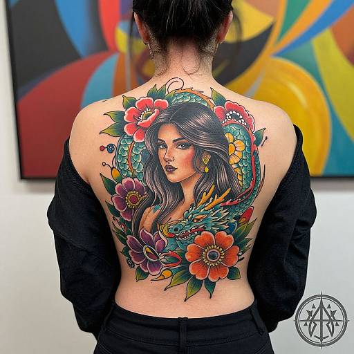 Photograph of a woman with dark hair, back facing, showcasing a vibrant, colorful tattoo of a flower-crowned woman on her back. Tattoo features