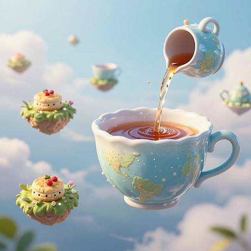 Whimsical CGI: Blue globe-patterned teacup floating in sky, tea pouring in, surrounded by floating cupcakes with cherries, against