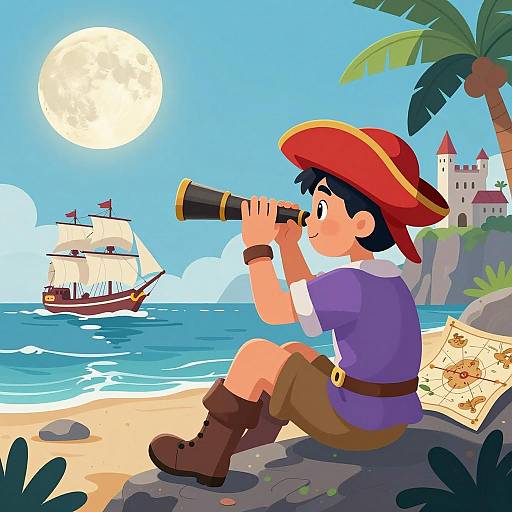 Adventurous Boy Pirate on Rocky Shore