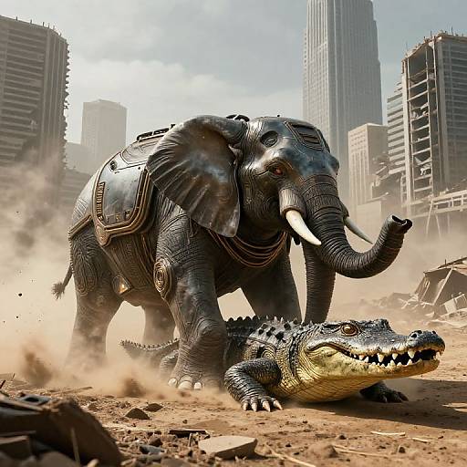Photorealistic CGI: Armored elephant with glowing white tusks tramples armored crocodile in a dusty, post-apocalyptic cityscape with towering skys