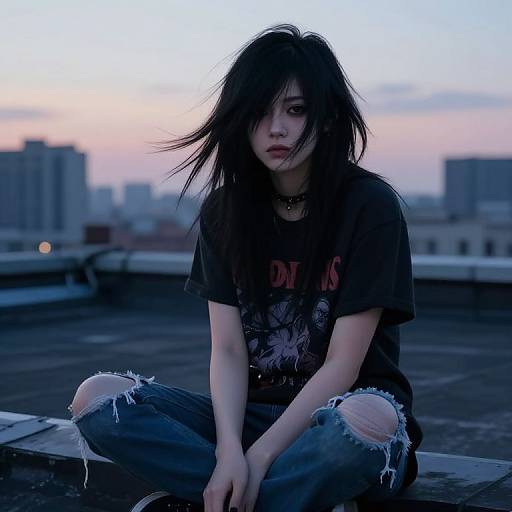 Photograph of a pale-skinned, black-haired young woman with disheveled hair, wearing a black 