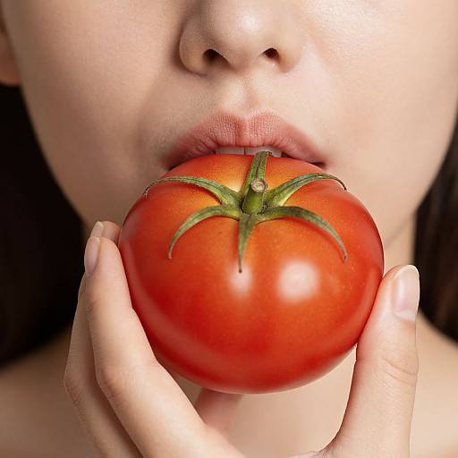 Close-up photograph of an Asian woman's lips gently holding a vibrant red, ripe tomato with green stem, against a dark background.