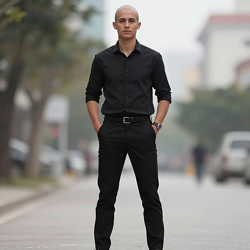 Photograph of a bald, tall, slim man in a black button-up shirt and pants standing confidently on a blurred city street.