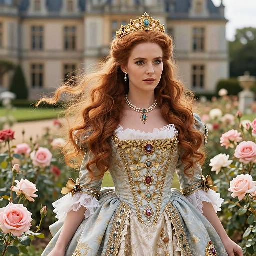 Photograph of a red-haired woman with wavy hair, wearing an ornate gold crown, pearl necklace, and detailed light blue and gold ballg
