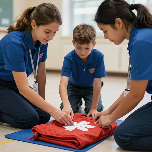 Photograph of two female instructors and a boy learning first aid, kneeling on blue mats, focusing on applying a white bandage to a red cloth.