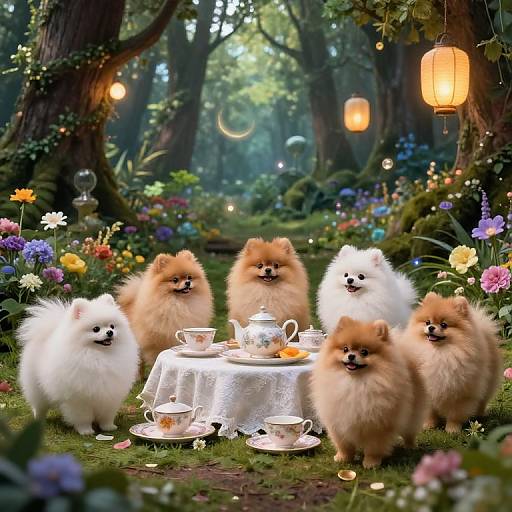 Photograph of six fluffy Pomeranians, three white and three brown, around a lace-covered tea table with teacups in a magical forest