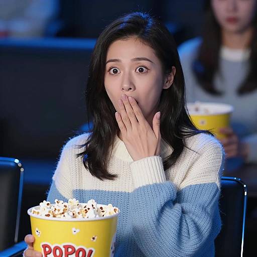 Surprised Woman with Popcorn and Blue Light