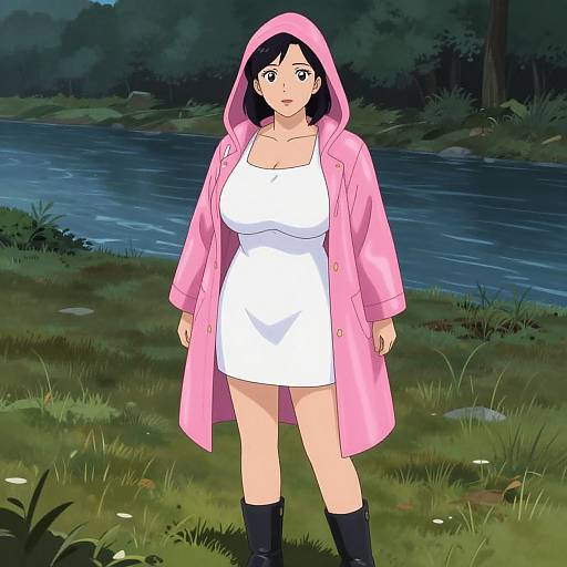 Digital anime-style drawing of a woman with black hair, wearing a pink hooded coat, white dress, and black boots, standing by a nighttime river