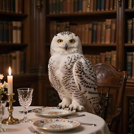 Snowy Owl at Dining Table in Gothic Library
