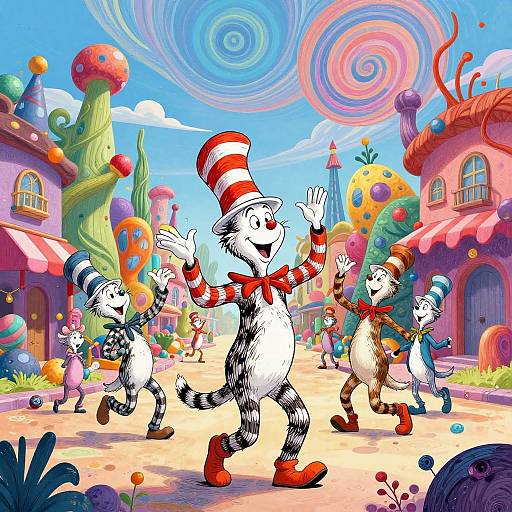 Colorful digital illustration of three joyful, striped, top-hatted cats dancing in a whimsical, candy-themed town with swirling sky and vibrant buildings.