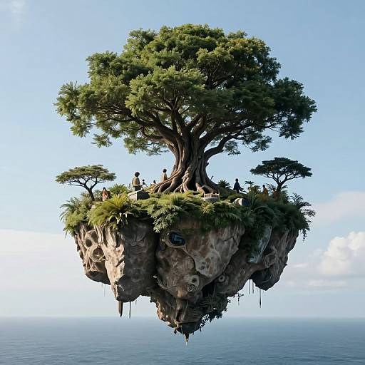 Digital artwork of a floating island with a large tree, small figures, and lush greenery, suspended above a calm ocean.