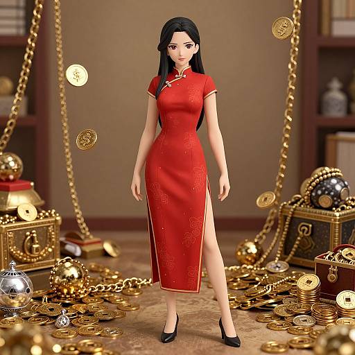 CGI image of an Asian woman in a red cheongsam with high slit, black high heels, standing amidst gold coins and ornate boxes in