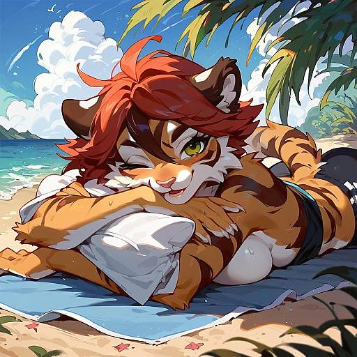 Anthropomorphic Tiger Character Relaxing on Tropical Beach