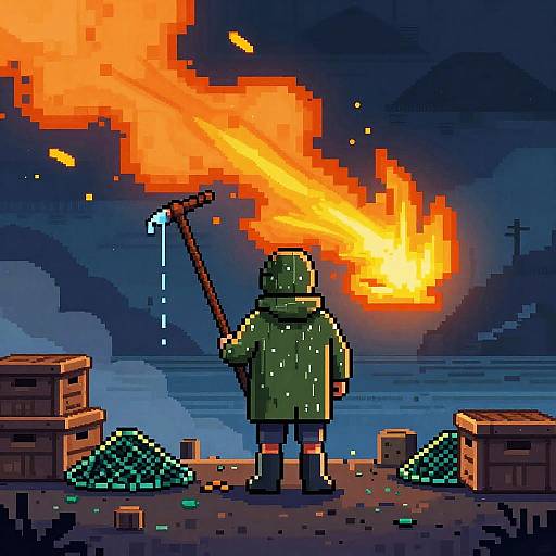 Pixel Art Fisherman on Stormy Pier