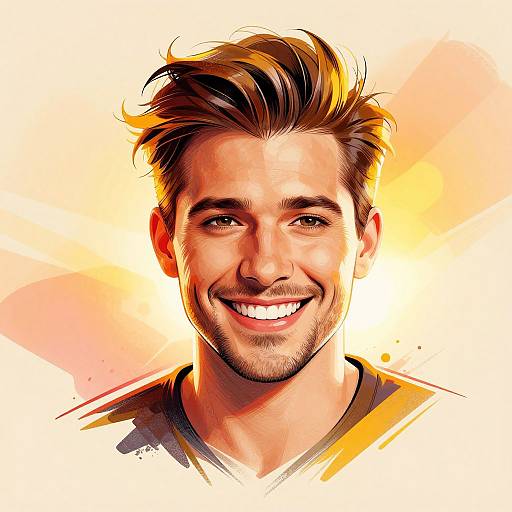 Digital portrait of a smiling, handsome man with brown hair, light stubble, and bright eyes, set against a vibrant orange and yellow watercolor background