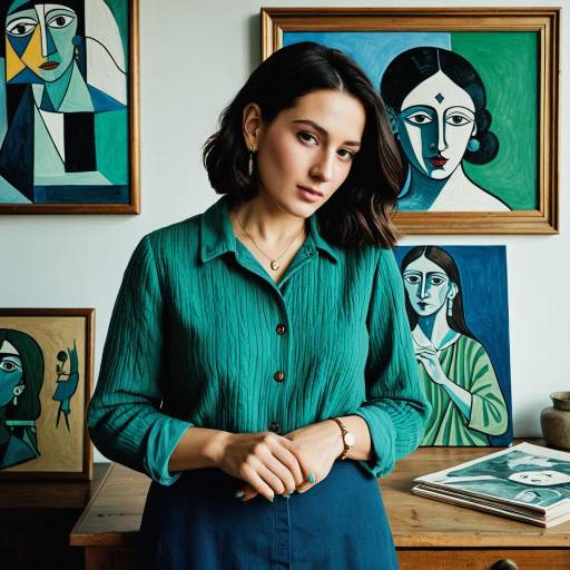 Woman standing in front of abstract paintings