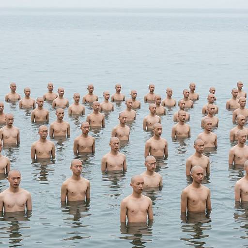 Photograph of numerous bald, shirtless men standing in a grid pattern in calm, blue water, with a pale sky background.