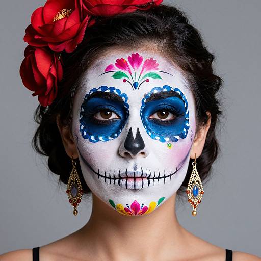 Photograph of a woman with white face paint, blue eye sockets, and colorful floral designs, wearing a red flower in hair and gold earrings, against