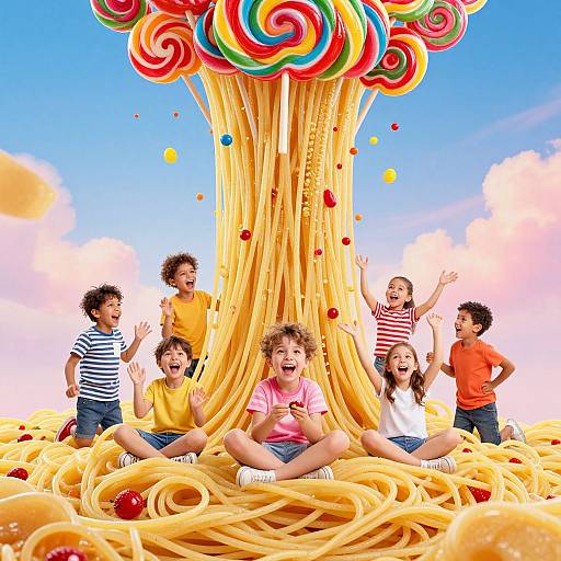 Photograph of six smiling children standing and sitting on a towering swirl of colorful candy atop a mound of spaghetti, with a bright blue sky and fluffy clouds
