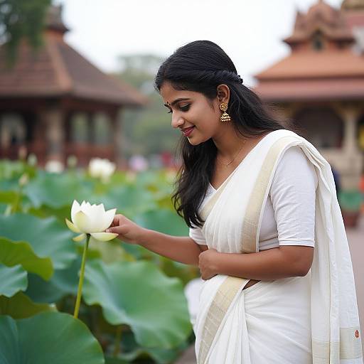 Photograph of a smiling Indian woman with long black hair, wearing a white saree and gold earrings, gently touching a white lotus flower in a