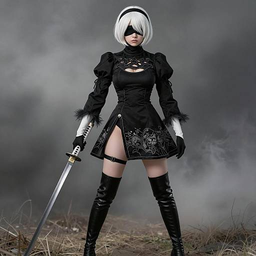 Cosplayer in Black and White Outfit with Katana