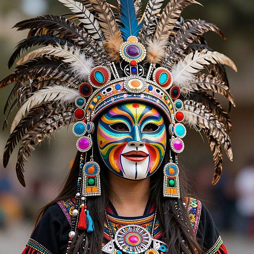 Aztec-Inspired Woman with Psychedelic Mask