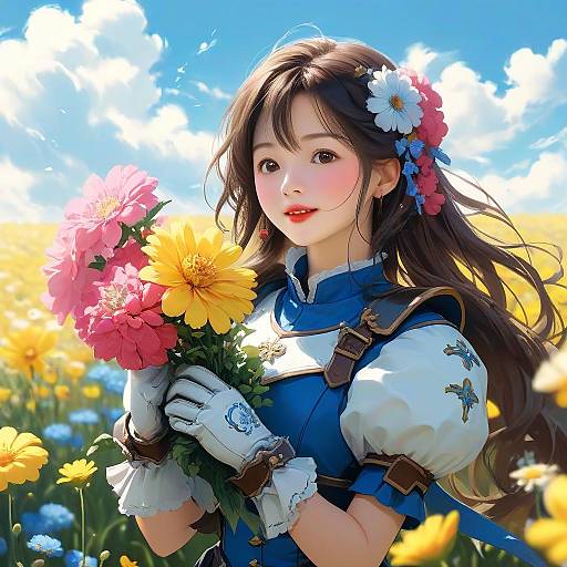 Digital anime-style portrait of a cute young woman with long brown hair, wearing a blue dress, white gloves, and flower crown, holding colorful flowers in