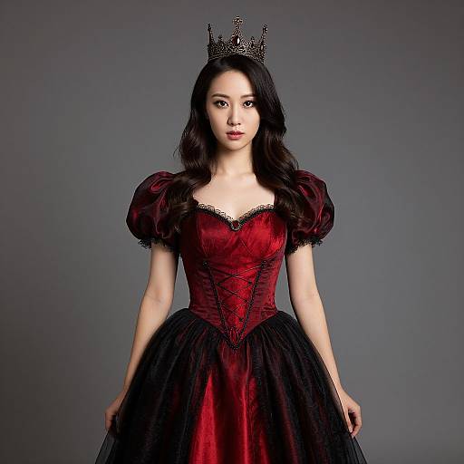 Photograph of an East Asian woman with long black hair, wearing a black crown, red and black Victorian-style ball gown, and black tulle skirt