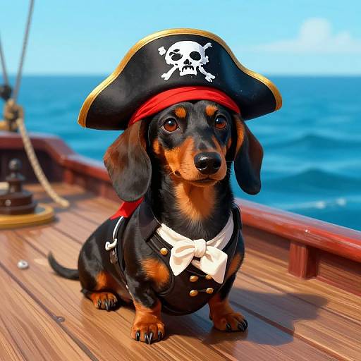 Photograph of a black and tan dachshund wearing a pirate hat with a skull, red bandana, white bow tie, on a wooden