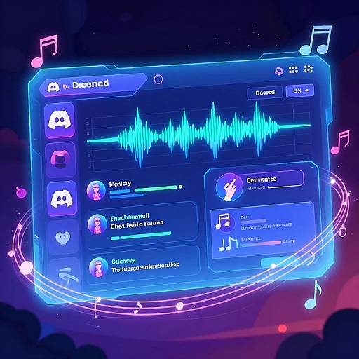 Digital neon artwork of a music player interface displaying song names, waveform, and controls with glowing blue and pink musical notes.