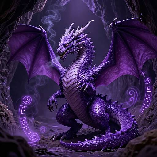 Digital artwork of a majestic, purple-scaled dragon with glowing wings and spikes, kneeling in a dark, cavernous environment. Ethereal purple runes float