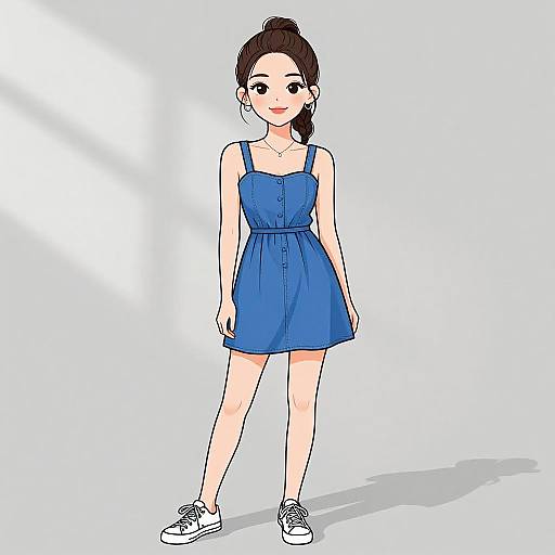Digital anime-style drawing of a young woman with light skin, brown hair in a ponytail, wearing a blue sleeveless dress and white sneakers, standing