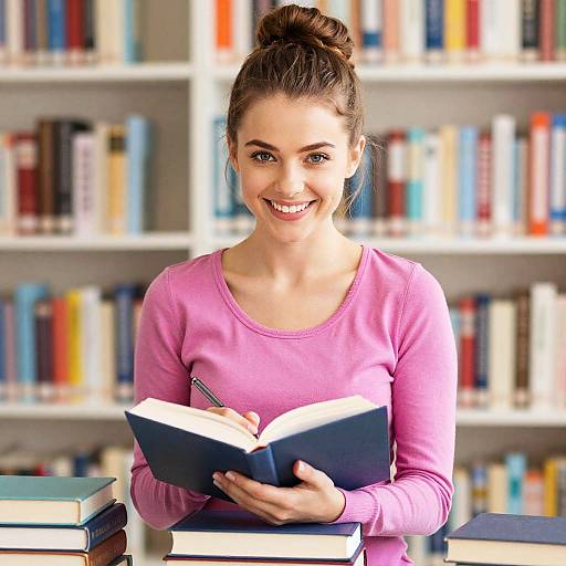 Smiling Woman Reading in Library