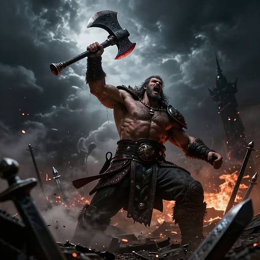 Digital fantasy artwork: Muscular, bald warrior with blood-stained axe, fierce expression, black leather armor, amidst fiery battle scene, cloudy sky,