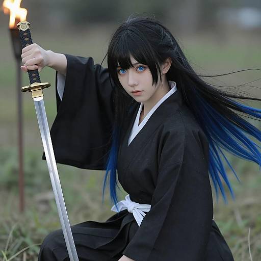 Mystical Warrior with Black and Blue Hair