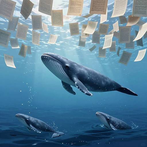 Photograph of three large humpback whales swimming underwater, surrounded by floating, illuminated book pages, with sunlight filtering through the blue ocean.