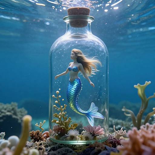 Photograph of a blue mermaid with long blonde hair and shimmering scales, enclosed in a clear glass bottle, surrounded by colorful coral and sea an