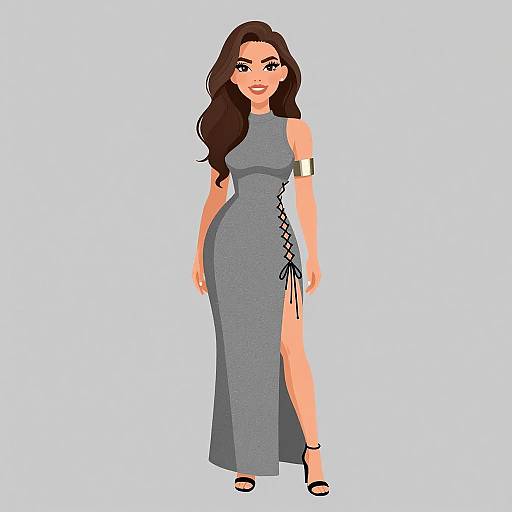 Digital illustration of a woman with long brown hair, wearing a form-fitting gray dress with lace-up sides, gold arm cuff, and black heels,